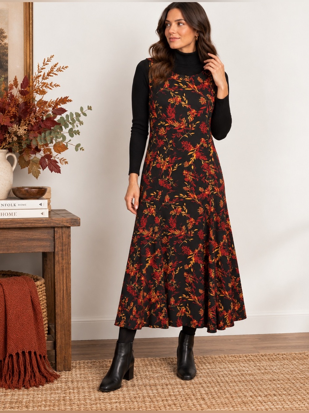 Vintage 90s Dark Floral Fall Layering Maxi L